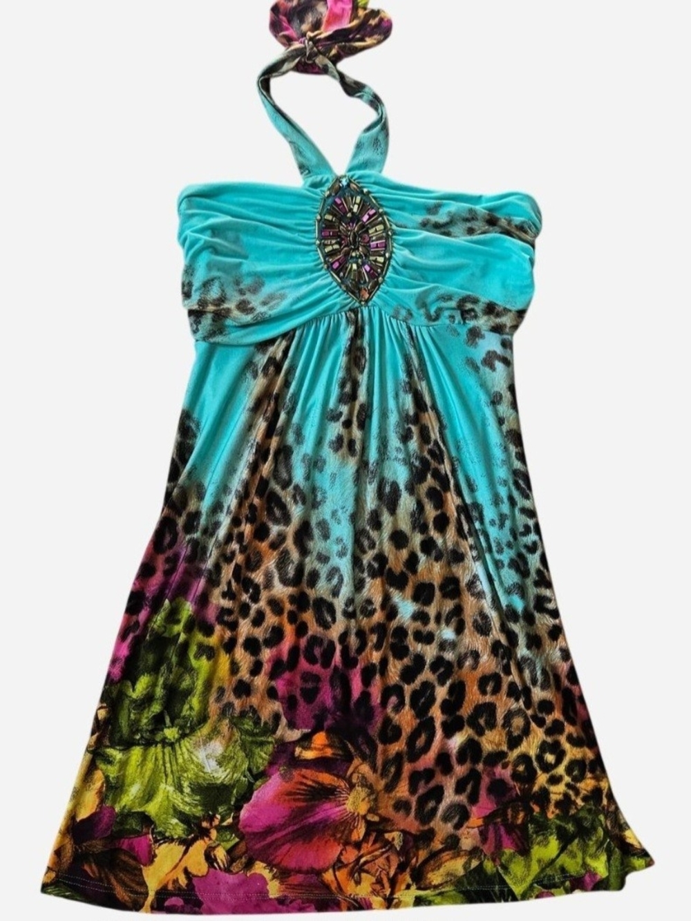 VENUS Turquoise Halter Dress with Leopard Print and Floral Hem